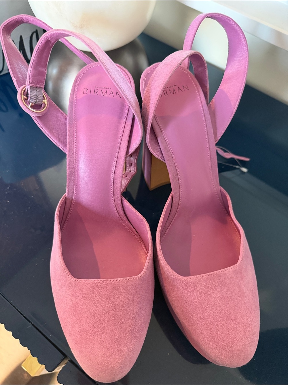 Alexandre Birman Rose Pink Suede Slingback Block Heels